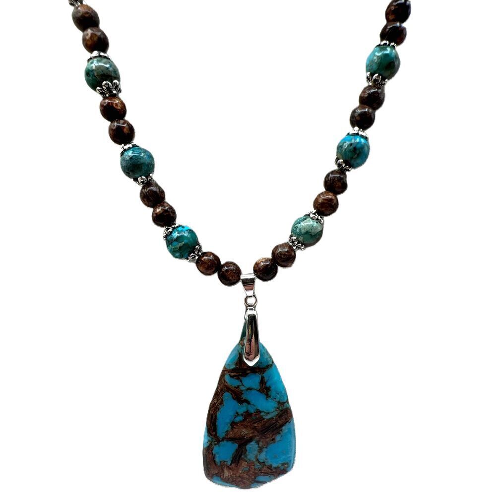 NEW Handmade Brown And Bluegreen Beaded Faux Turquoise Necklace - Picture 2 of 12